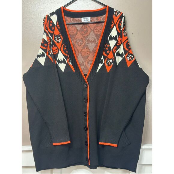NWOT UNIQUE VINTAGE HALLOWEEN PUMPKIN ARGYLE BLACK CARDIGAN WOMEN'S XXL - Picture 2 of 12